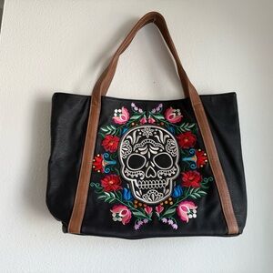 Loungefly Black Tote with Colorful Skull Embroidery